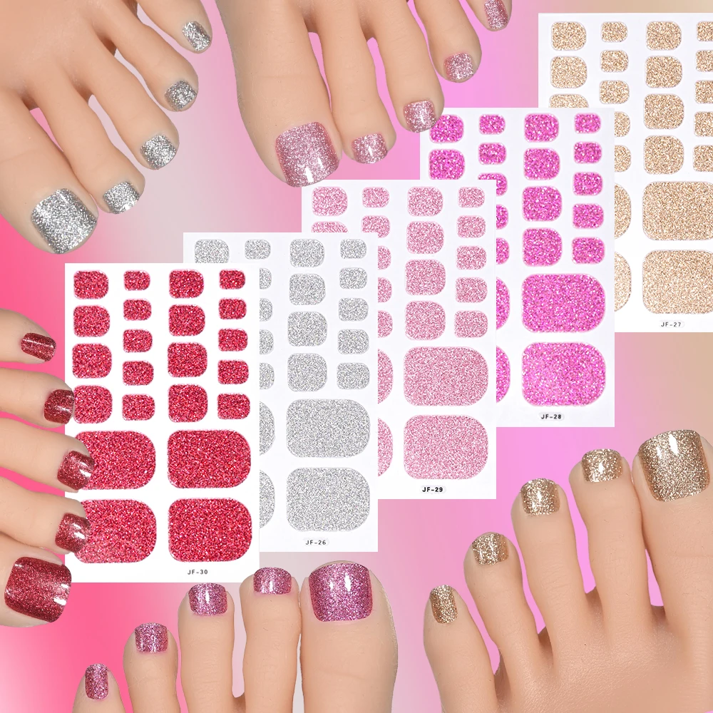 22Tips Pink Red Glitter Design Baking-free Toenail Stickers Solid Color Adhesive Full Cover Toe Nail Strip Slider Manicure Decal