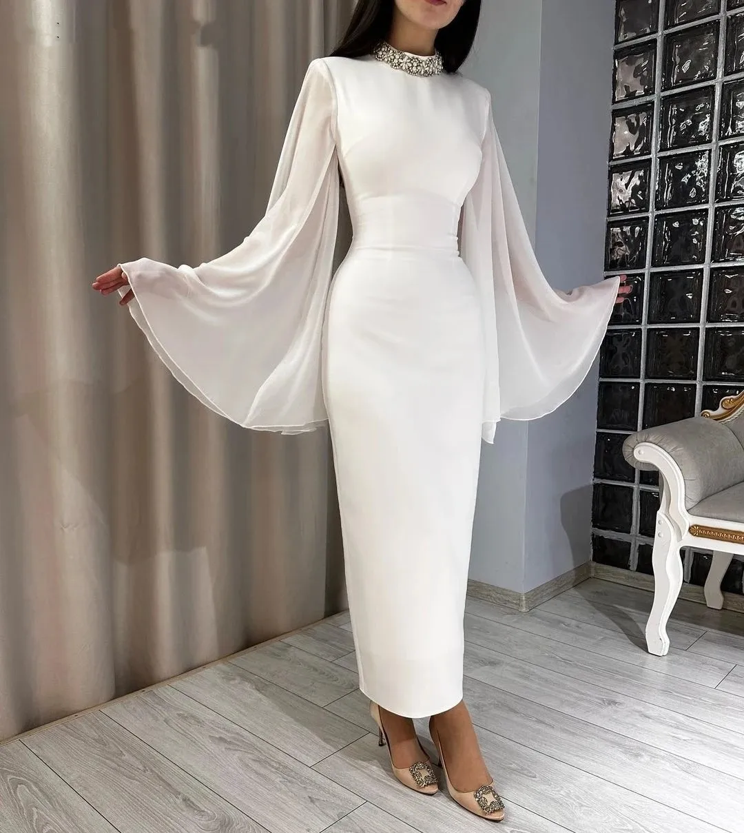 

Flora Dress White Chiffon Mermaid Simple Pearls Beaded Long Sleeves High Neck Formal Occasion Prom Dress Evening Party Gowns