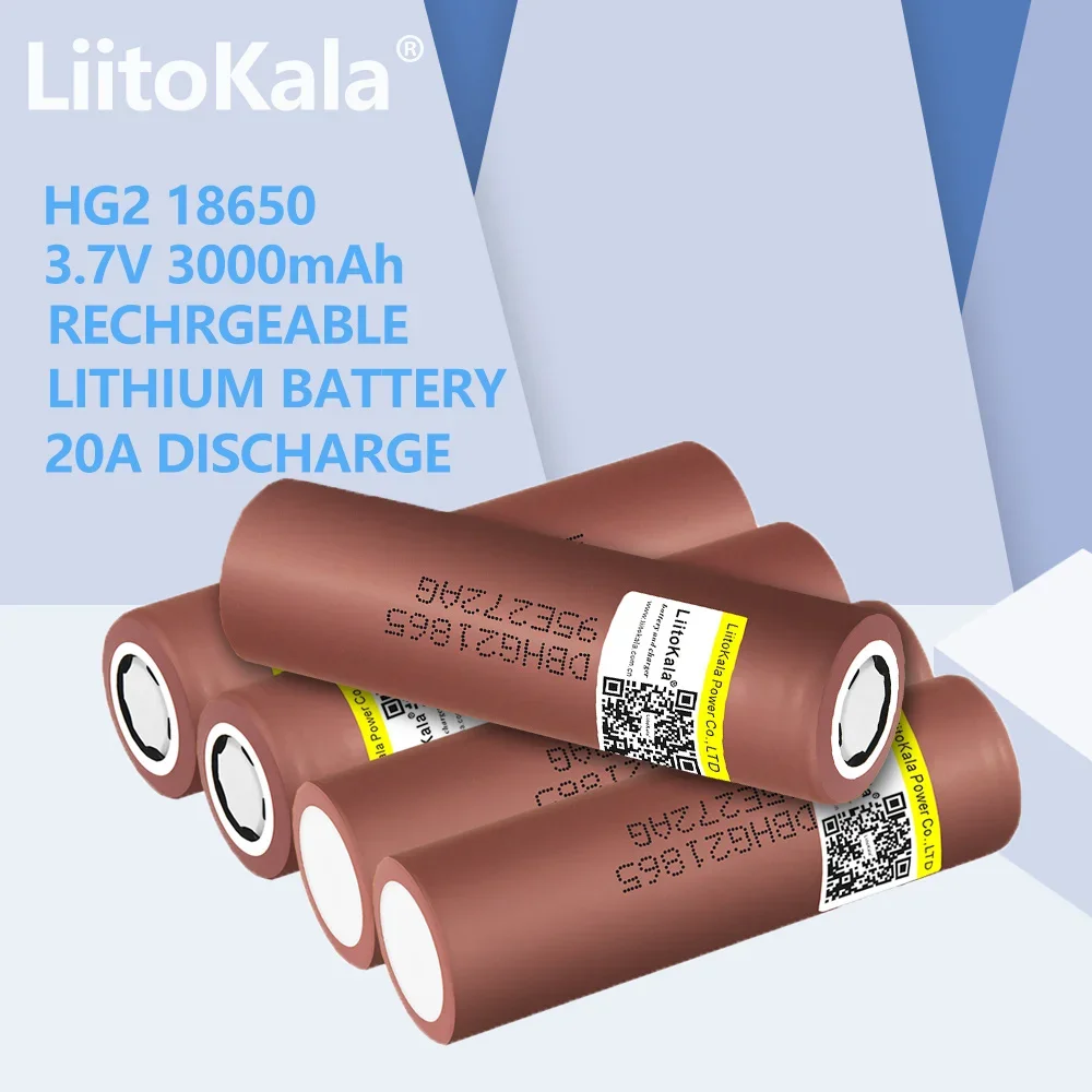 LiitoKala-بطارية مخصصة قابلة لإعادة الشحن ، بطارية طاقة HG2 ، شمع ، تفريغ V ، 20A أصلي ، HG2 ، 5