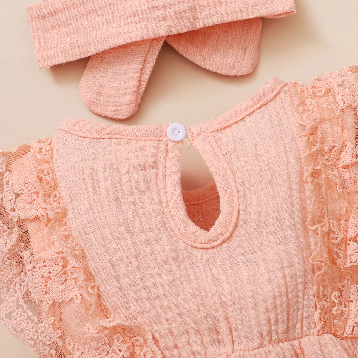 0-18 Months Newborn Baby Girl Plain Soft Bodysuit Lace Flared Sleeve Summer Romper with Headband Toddler Baby Girl Clothing