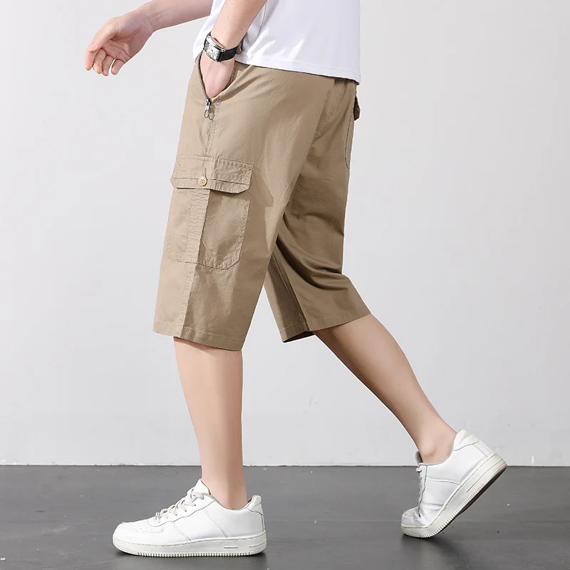 Pop Summer Men Cotton Cargo Shorts Knee Zipper Pocket Casual Tactical Short Elastic Waist Climbing Sports Joggers Cropped Pants