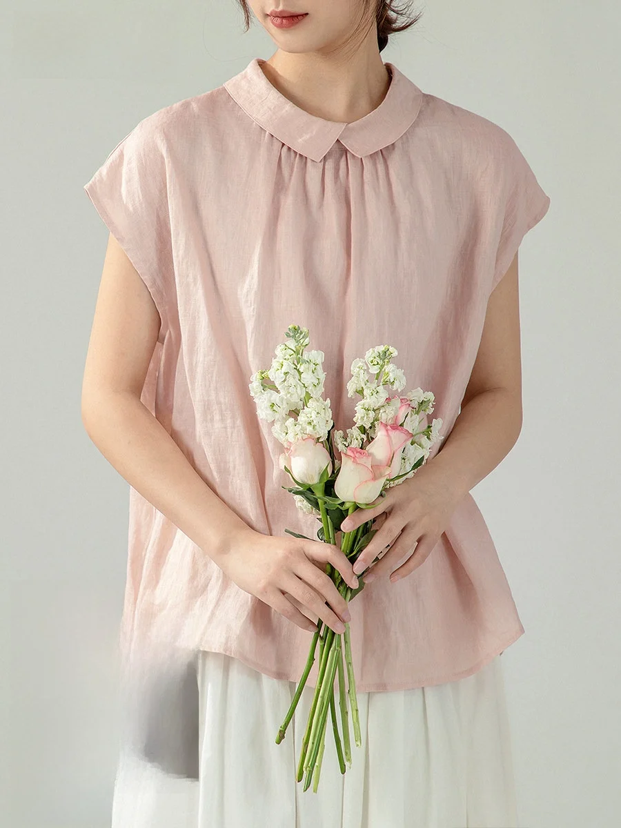 

Original Pink Short Sleeve Linen Shirt Women's Loose Top Summer Japanese Style Artistic Breathable Comfortable Female Blouse