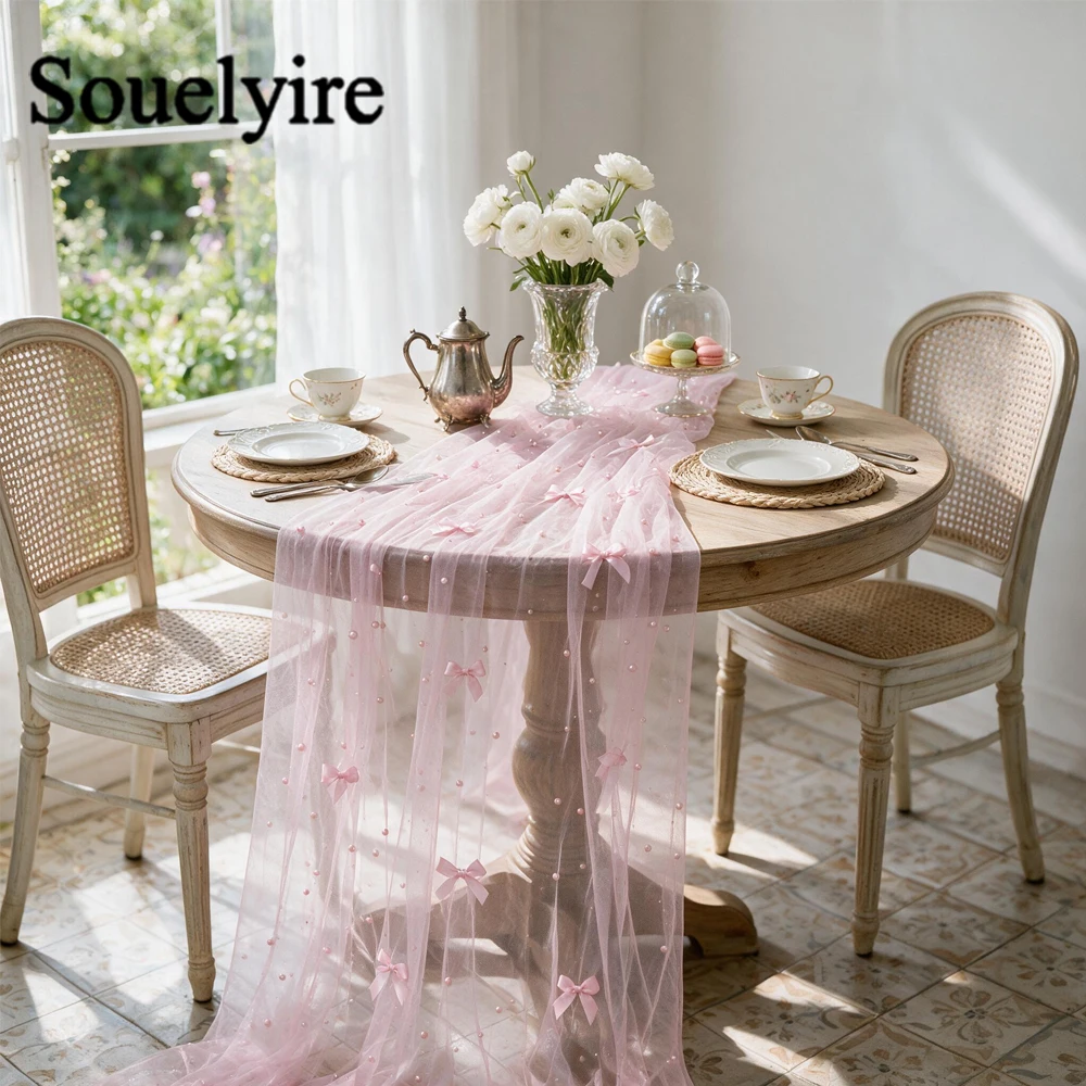 1 Roll Sheer Tulle Table Runner with Pearl & Bow, Elegant Wedding Decor for Bridal Shower, Birthday Party & Event Backdrop