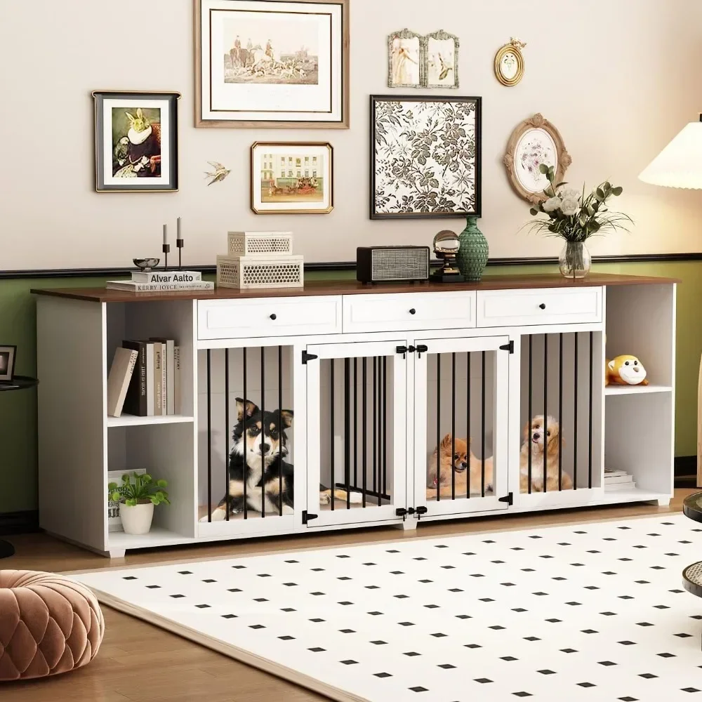 

Dog Crate, 94.8 Inch Wooden Large Dog Kennel with Drawers, Divider & Storage Shelves, Indoor TV Stand with Double Rooms