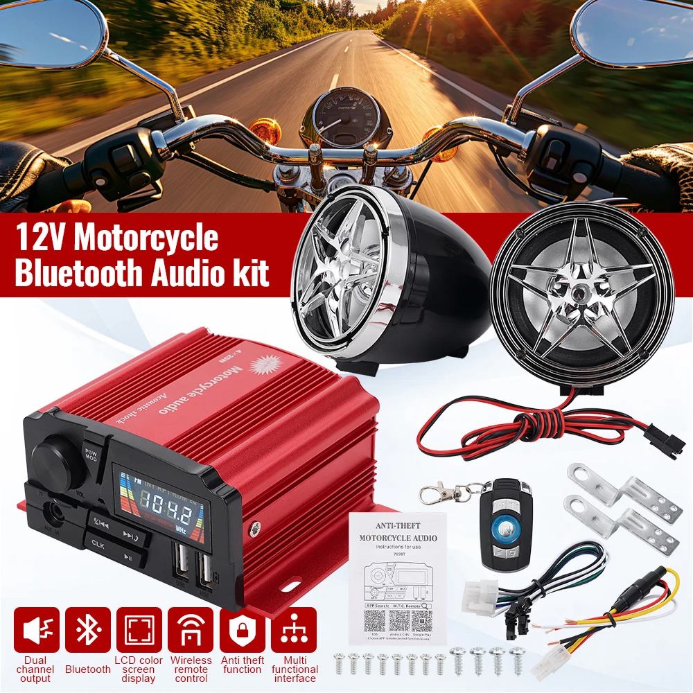 

1Set 12V Motorcycle Bluetooth Audio System 4CH 100W LCD Screen APP Remote FM Radio USB AUX Handsfree Anti-Theft 2 Speakers