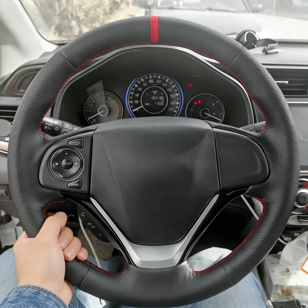 Auto-Innenzubehör Handgenähter perforierter Anti-Rutsch-Lenkradbezug aus Mikrofaserleder für Honda CRV 2012-2016