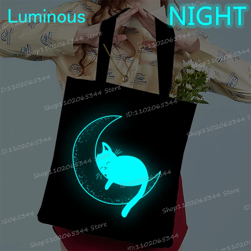 

Cat and Moon Fashion Luminous Style Women's Handbags Cartoon Animal Canvas Tote Bags Fashion Cat Lover Gifts Teen Shoulder Bag