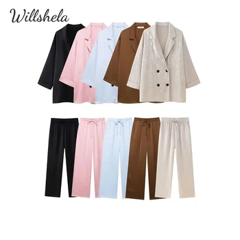 Willshela Damenmode 2-teiliges Set, solider zweireihiger Blazer und Hose mit elastischem Bund, weibliche schicke Damenhosen-Sets