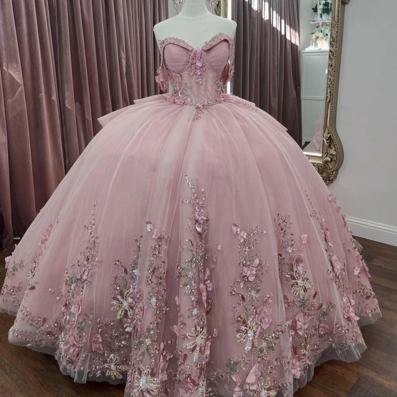 

Pink Shiny Quinceanera Dresses Ball Gown Off The Shoulder Sequin Applique Flower Beading Crystal Tull Sweet 16 Dress Vestidos 15