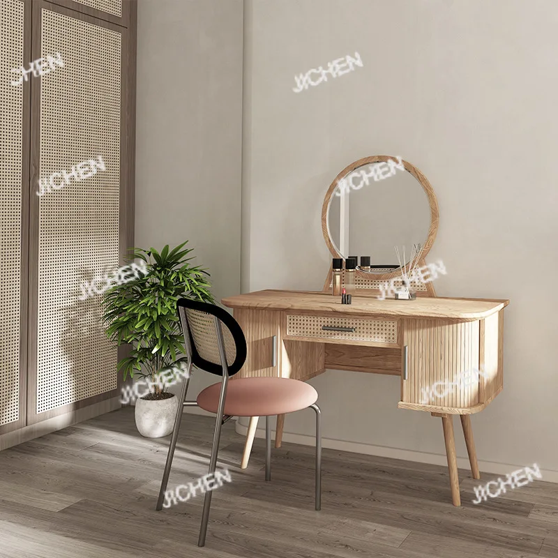 

Japanese-style silent wind solid wood dresser rattan modern simple storage makeup mirror dresser stool makeup table