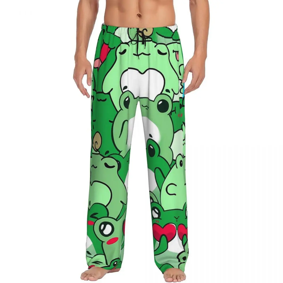 Custom Crowded Cute Frog Pattern Pajama Pants Men Sleepwear Sleep Lounge Bottoms with Pockets