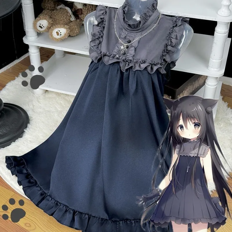 

Vintage Y2K Sweet Ruffled Loose Trendy Dress Anime Cosplay Costume Japanese Sleeveless Lolita for Women Halloween Party