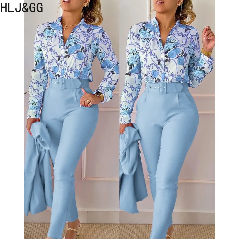 HLJ&GG Casual Vintage Pattern Printing Two Piece Sets Elegant Women V Neck Long Sleeve Shirts + Pants Outfits Autumn OL Clothing