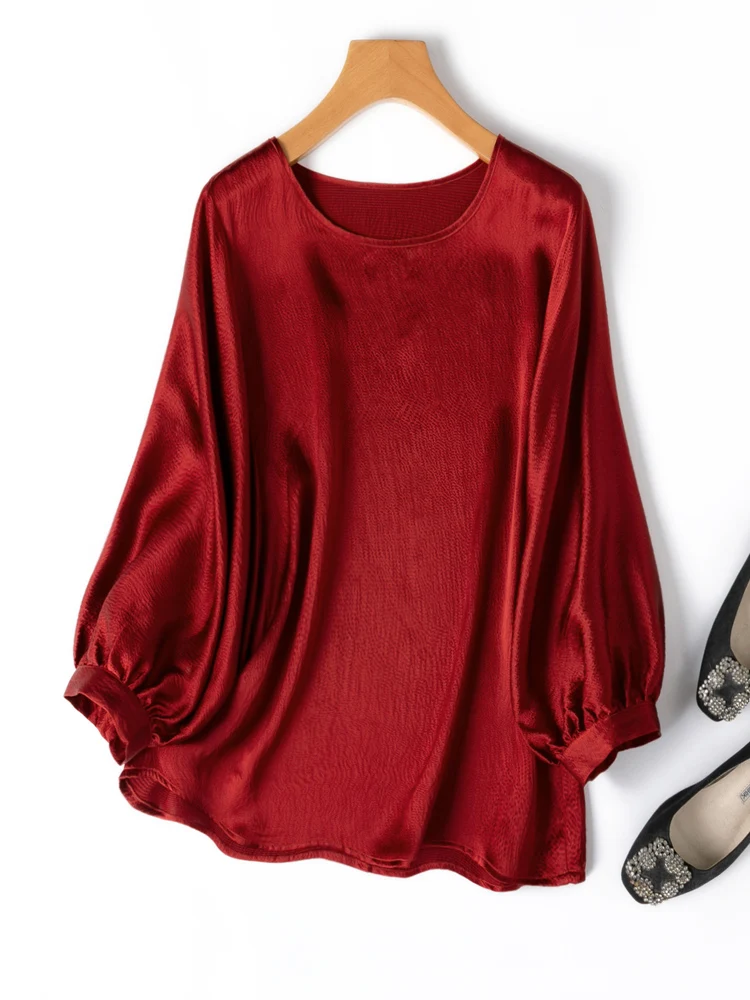 SuyaDream, Woman Blouses, 100%Real Silk, O Neck, Lantern Sleeves T Shirts, 2025 Summer Top, Wine