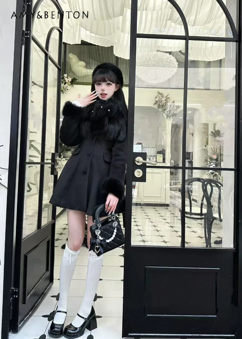 Sweet Girl Autumn Winter New Lolita Princess Wool Coat for Women Thickened Warm Cute Plush Turn-down Collar Slim Mid-length Coat