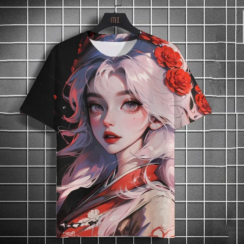 

2024 Summer New Men's Sports Fashion Casual Short Sleeve T-shirt Anime Girl Comfortable Breathable Retro Printed Short Sleeve