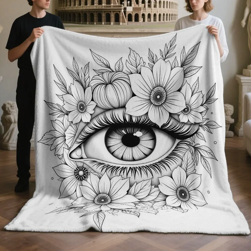 Black White Line Art Throw Blanket  Multiple Sketch Pattern Collection Hand Heart Floral Nature Decor for Sofa Bedroom Blanket