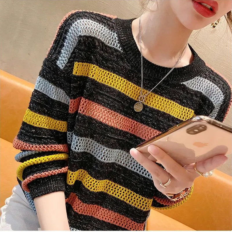 Women\'s Clothing Stylish Hollow Out Pullovers Casual Color Striped Spring Autumn Long Sleeve Loose Round Neck Knitted T-shirt