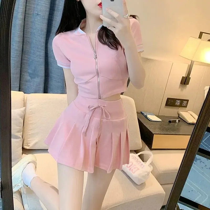 Mini Pink Pleated Skirt 2 Piece Sets Womens Outfits Summer Short Sleeve Crop Top Zipper Shirt Y2k Cardigan Casual Coat