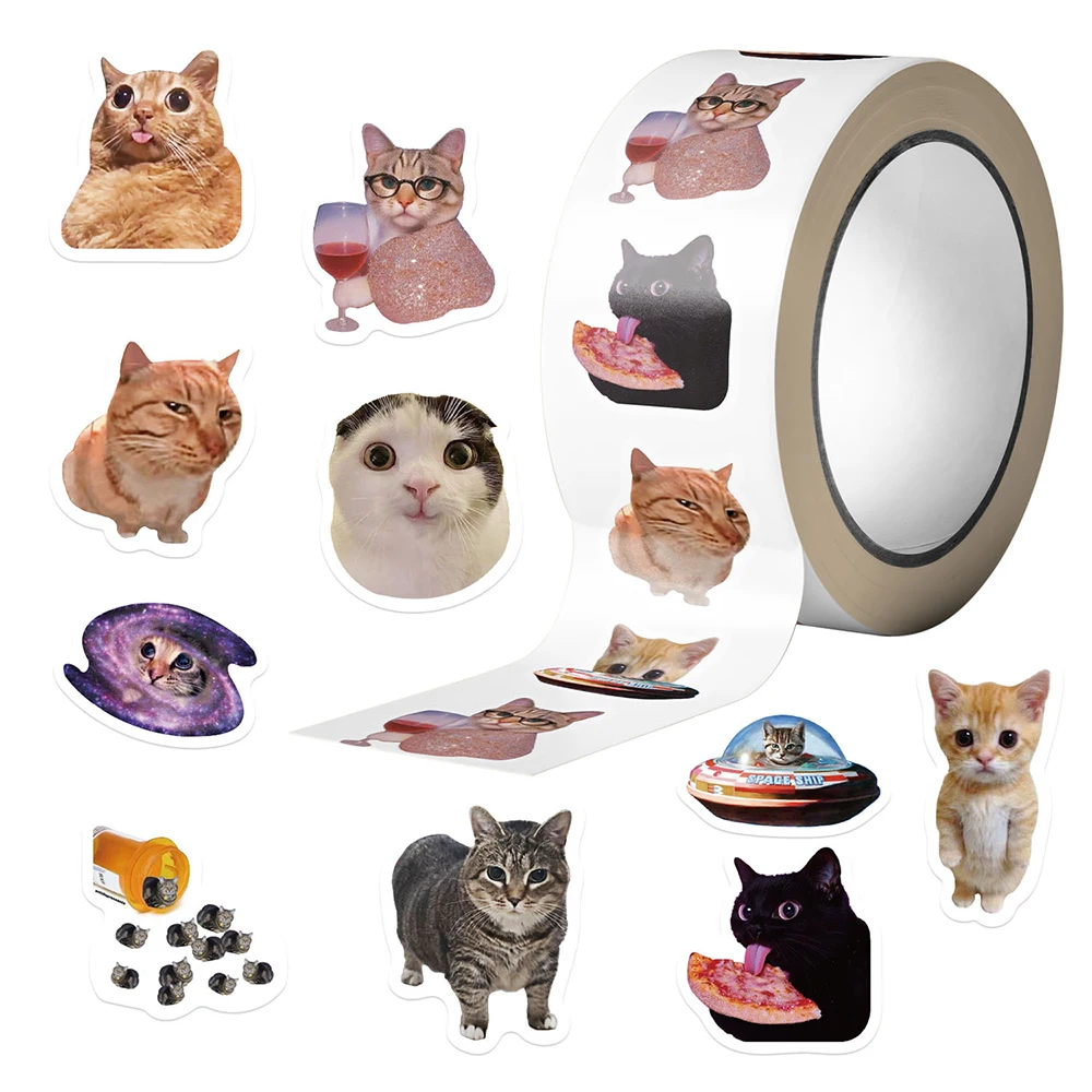 500pcs/roll Funny Cartoon Cat Meme Stickers Cute Decoration Decals Scrapbook Phone Suitcase Sealing Labels Sticker for Kids Toy