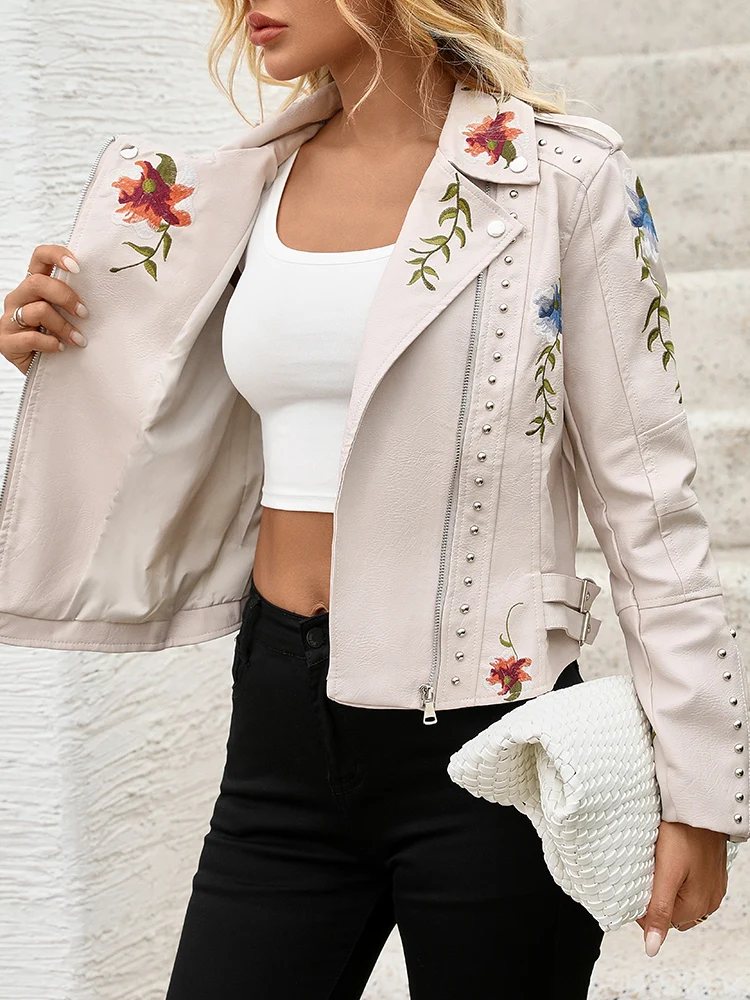 Ailegogo Spring Autumn Women Floral Print Embroidery Rivet Faux Leather Jacket Streetwear Female Vintage Zipper Coat Outwear