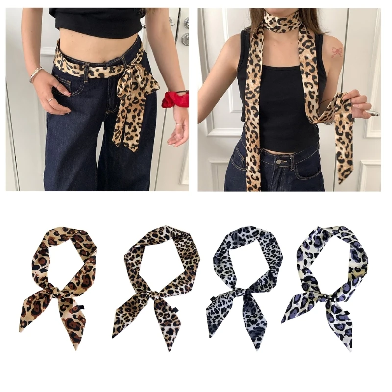 Leopard Print Narrow Silk Scarf for Women Girls Short Necktie Scarf Fashionable Multifunction Accessory for Any Outfit