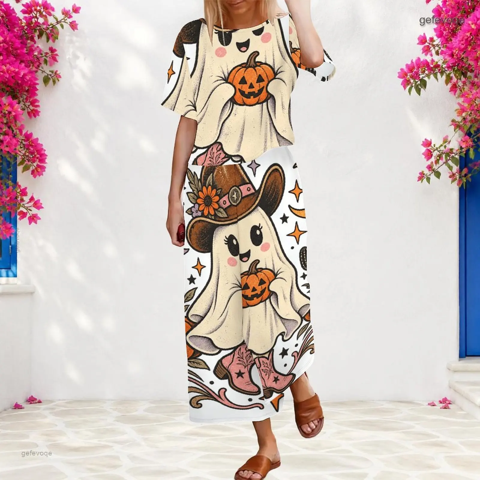 Women Retro Cartoon Cowboy Ghost Pumpkin Printed Short Sleeve Top Wide Leg Pants Two Piece Set