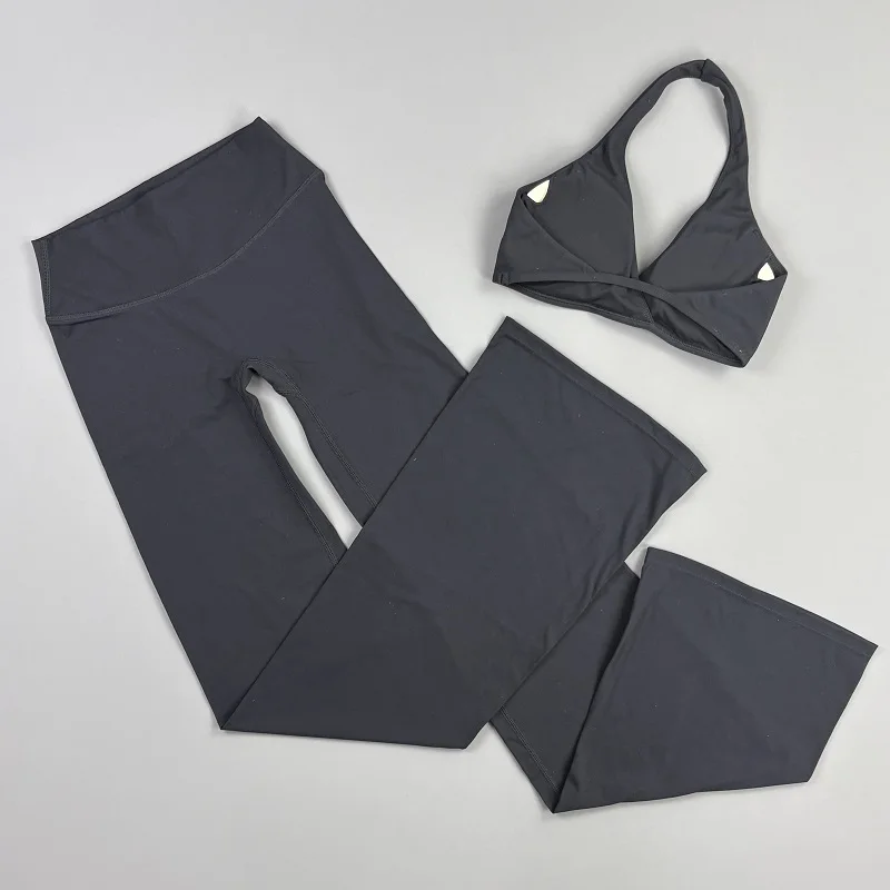 2-teiliges Origin Flares Hosen-Set: Neckholder-Sport-BH mit V-Ausschnitt, hochelastische, atmungsaktive Yoga-Schlaghose, Fitness-, Lauf- und Trainings-Set – Detail 7