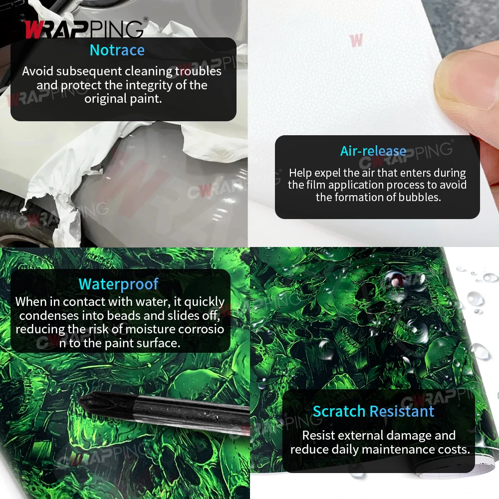 الكتابة على الجدران دراجة نارية التفاف الفينيل لوازم السيارات سيارة التفاف الفينيل على الطرق الوعرة مركبة شبح الأخضر لوح التزلج الجمجمة فيلم مقاوم للماء دراجة