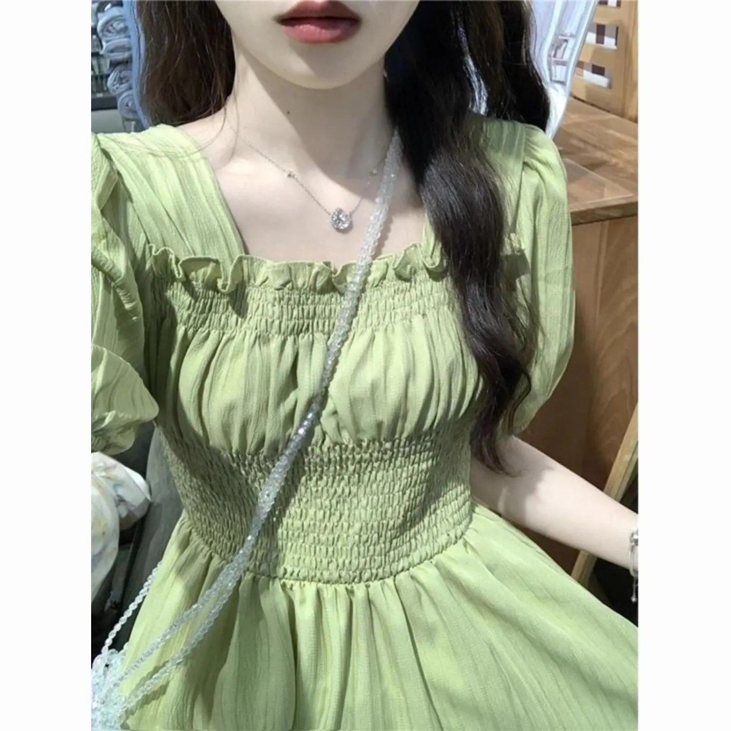 

French Style Square Neck Women Summer 2025 New Waist-hugging Slimming Mid-length Short-sleeved Dress