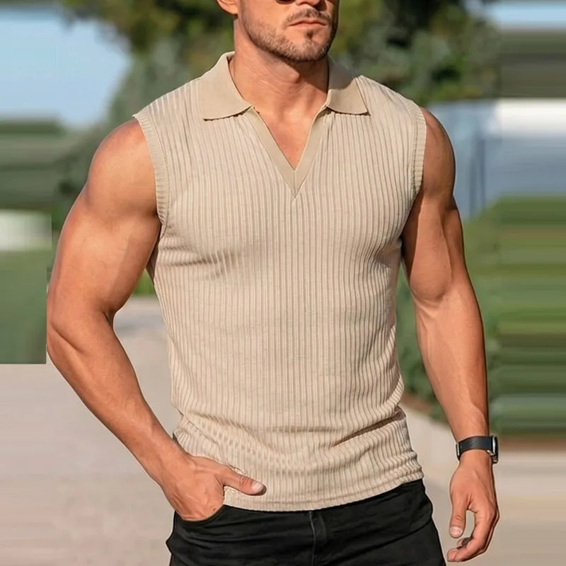 UNITIM Summer Men Knitted Top Simple Solid Striped Sleeveless Man Polo-shirt Thin Slim Breathable Outdoor Casual Male Vest
