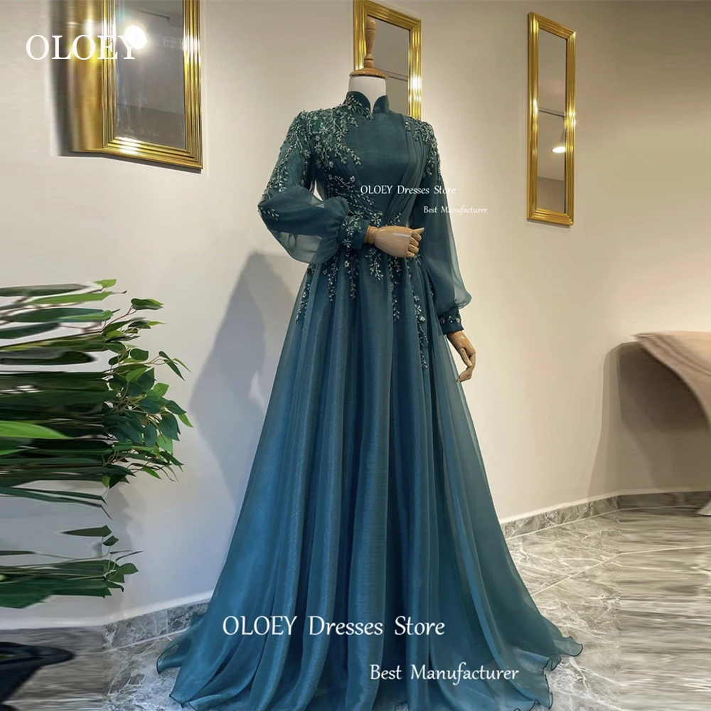 OLOEY Modest Muslim Dubai Arabic Women Evening Dresses Long Sleeves High Neck Floral Silk Organza Prom Gowns Formal Occasion