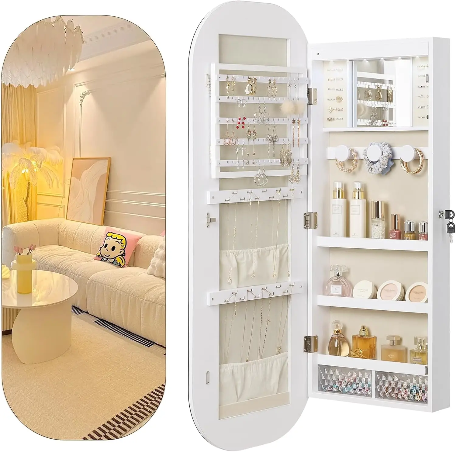 LED Mirror Jewelry Cabinet, Rounded Jewelry Armoire Cabinet, Lockable Wall or Door Mounted Jewelry Organizer with Inter