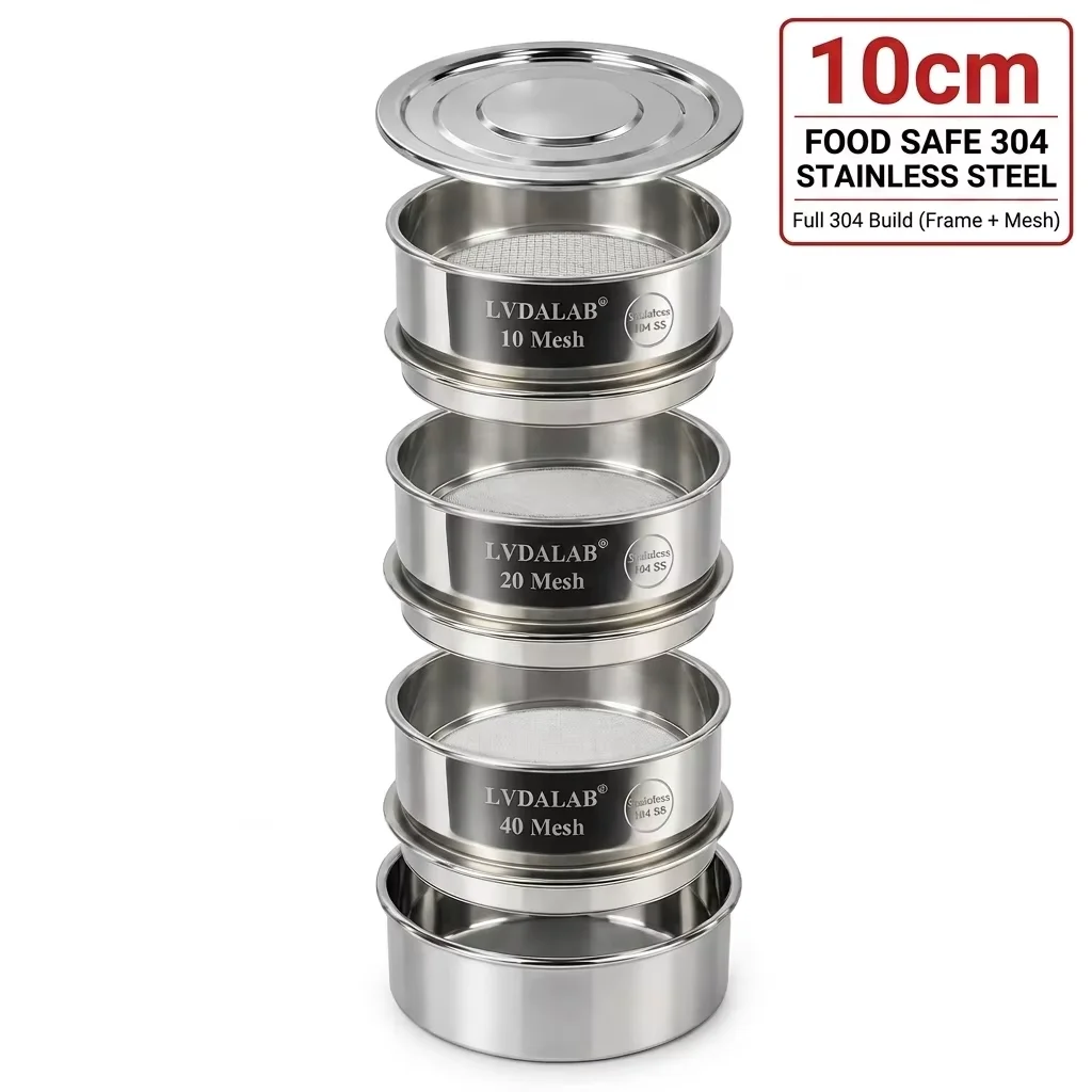 Xin Tester 10cm 6cm 304 Stainless Steel Lab Test Sieve Kit Fine Mesh Sifter with Pan and Cover for Powder Flour Soil