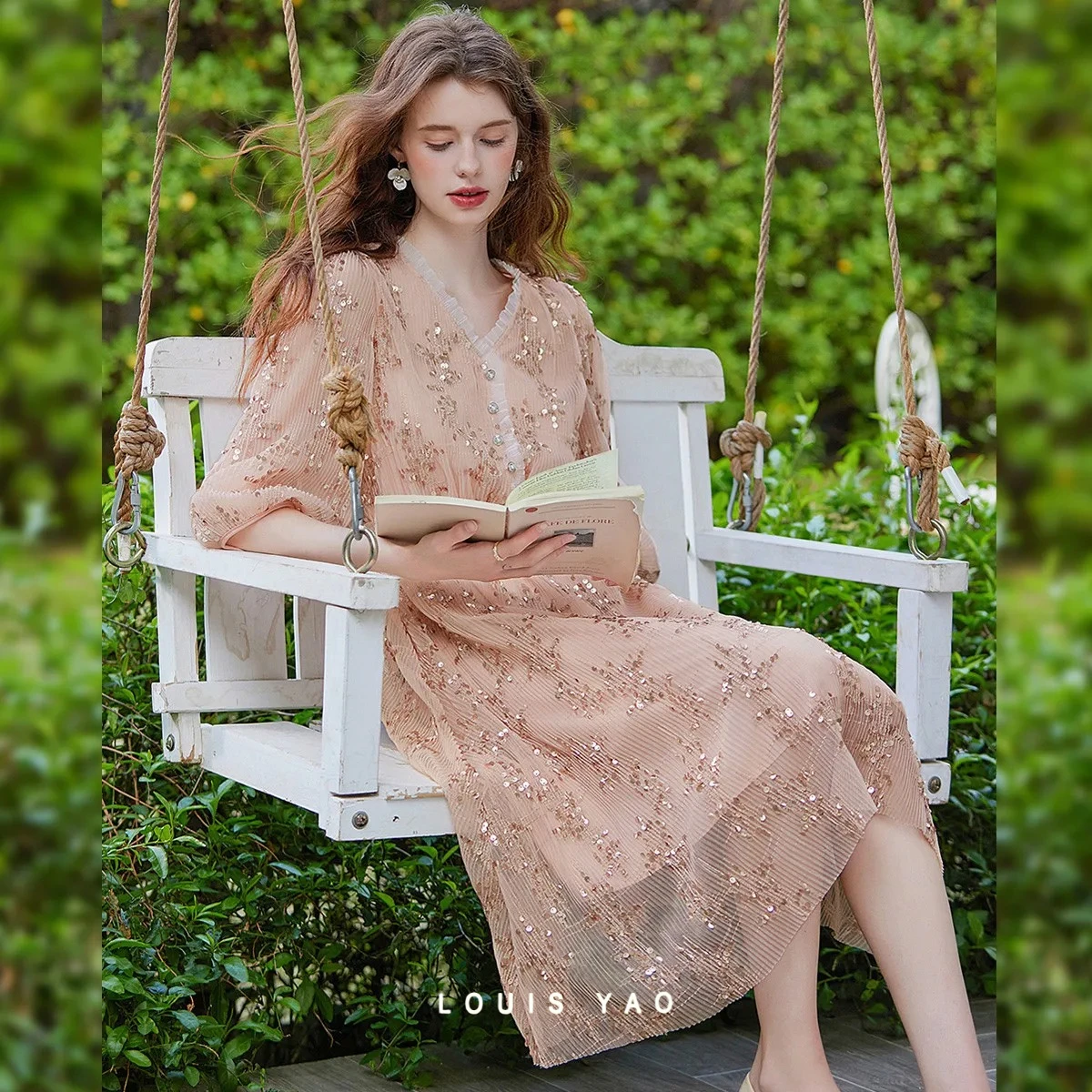 

LOUIS YAO Summer Women's Dresses 2026 Summer Elastic Waist V-Neck 3/4 Sleeve Slim Fit Midi Long Dress Sequin Tulle Dress
