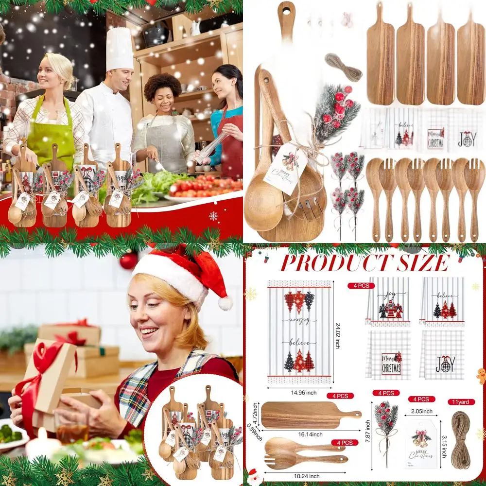 

Set of 25 Christmas Kitchen Accessories: Cutting Board, Towels, Salad Tools with Greeting Card & Decorative Pine Branches for Fe