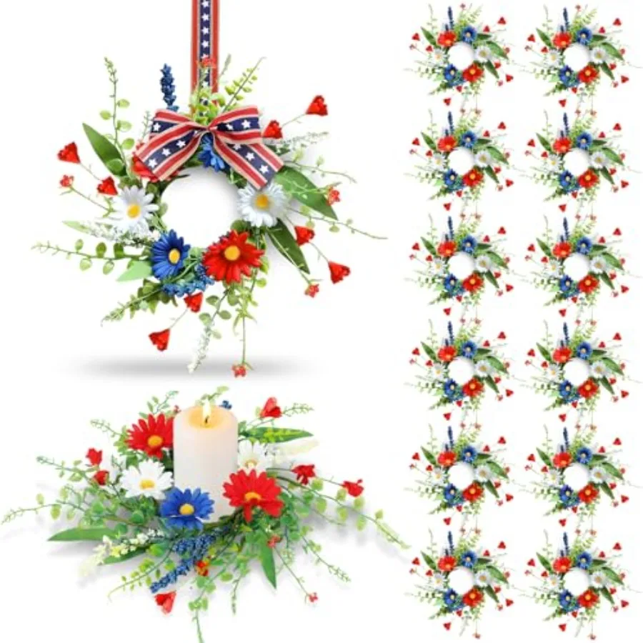 

PCS American Candle Rings Wreaths Artificial th of Floral Candle Rings Holder with Daisy Flowers Mini Day Wreath for Party Home