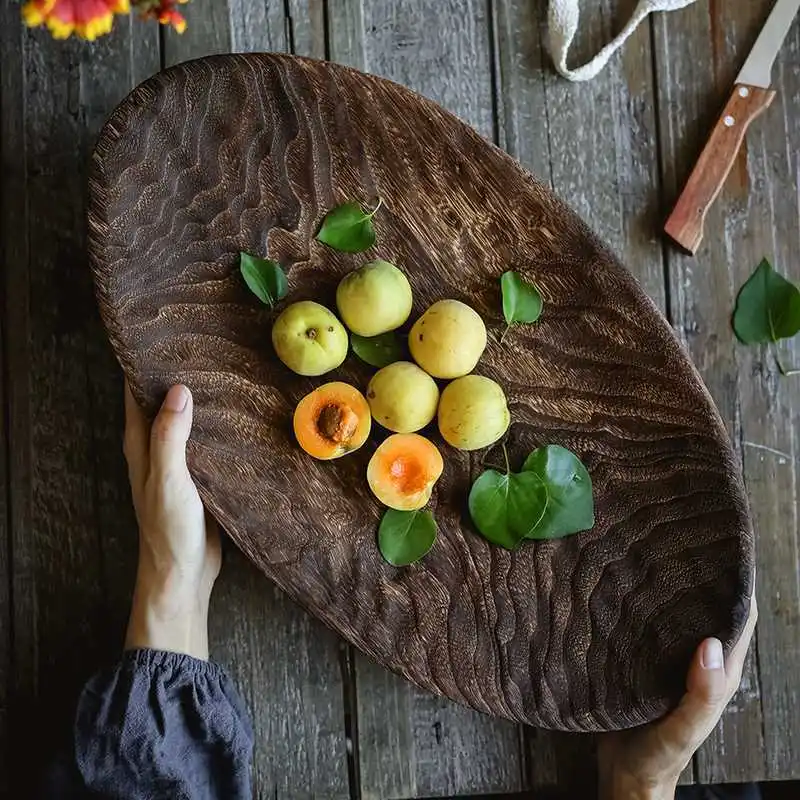 Natural INS Vintage Countryside Style Wood Fruit Snack Breakfast Large Tray Oval Flat Plate Fruit Tray Beautiful Decorative