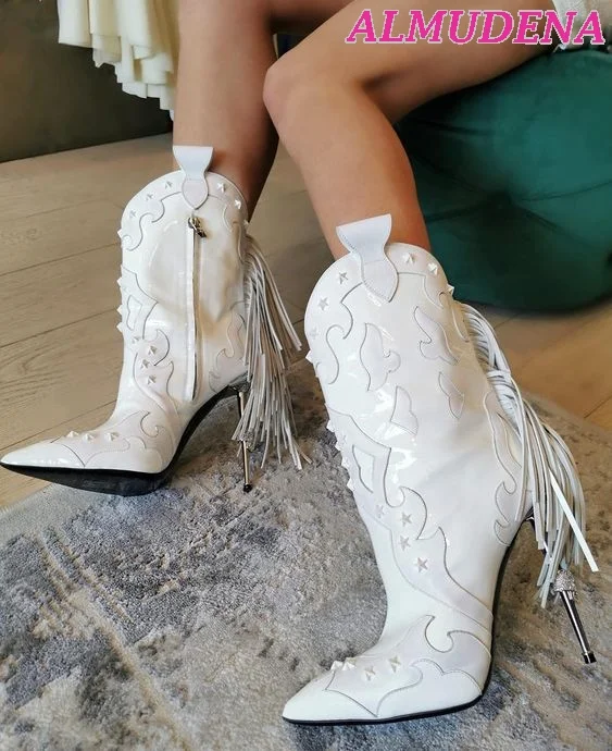 

Women White Metal Heeled Crystal Mid Boots Red Patent Leather Sexy Slip on Stiletto Tassel Boots Plus Size Designer Shoes