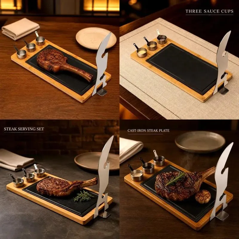 for Natural bamboo tray with slate and 3 stainless steel sauce cups for steaks, cheeses, appetizers, meat platters
