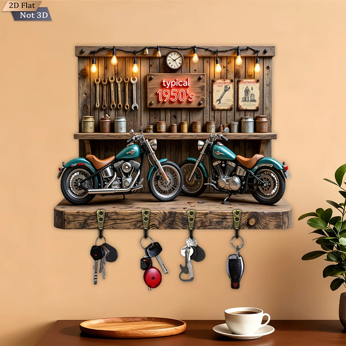 2D Flat, 1pc, 1950s Retro Motorcycle Style Key Hook, Wooden Multifunctional Home Key Rack, with Four Metal Hooks, Wall Decor,