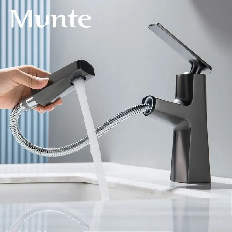 Golden minimalist hot and cold pull-out faucet, suitable for bathroom washbasins, featuring a retractable single hole design