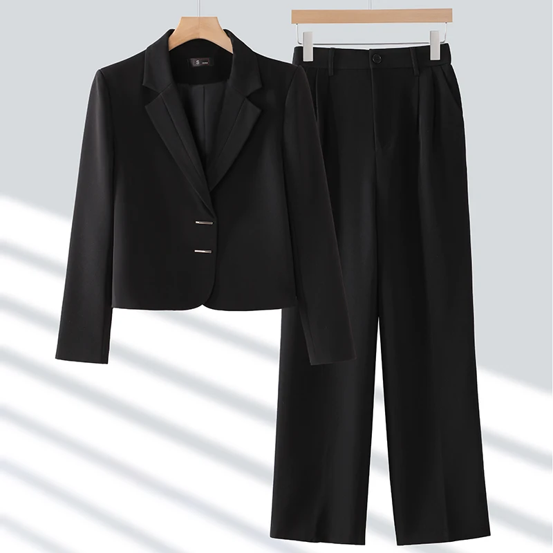 여성용 단색 투피스 세트, 한국 격식 있는 오피스 템퍼러먼트, 짧은 블레이저 탑 및 하이웨이스트 와이드 레그 플리츠 팬츠 세트, 2024