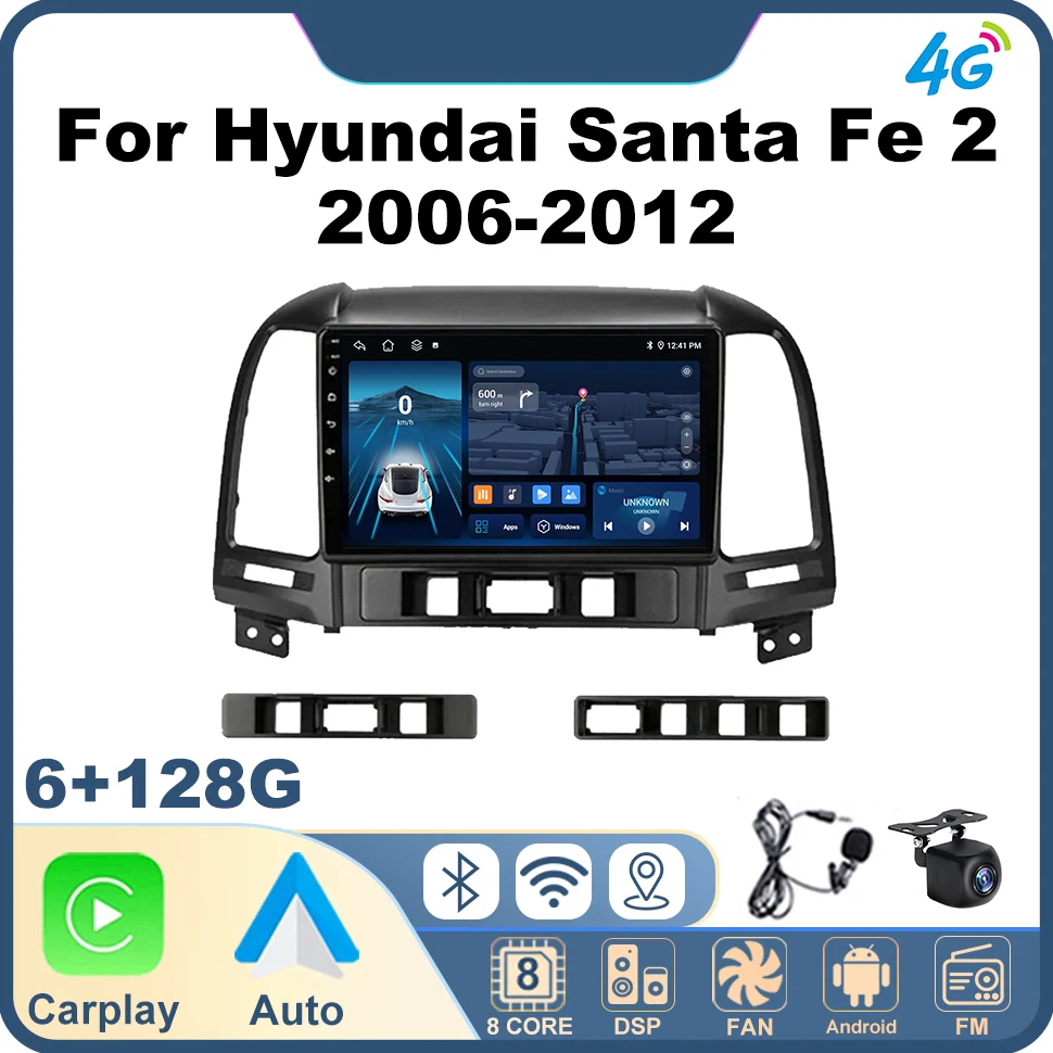 

Автомобильный радиоприемник для Hyundai Santa Fe 2 2006-2012 2 Din Автомобильный радиоприемник Android 12 4G GPS Navi Android Auto