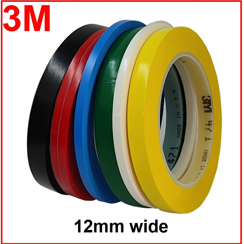 

12mm 3M 471 Premium Perfomance Strong Vinyl Tape Bundle Set for Decoration Masking YELLOW BLACK BLUE WHITE RED GREEN 1/2"x36yd