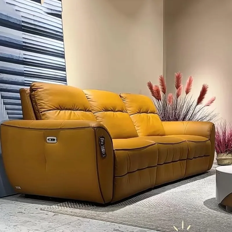 Electric sofa combination, minimalist size apartment living room first layer cowhide three-person genuine leather