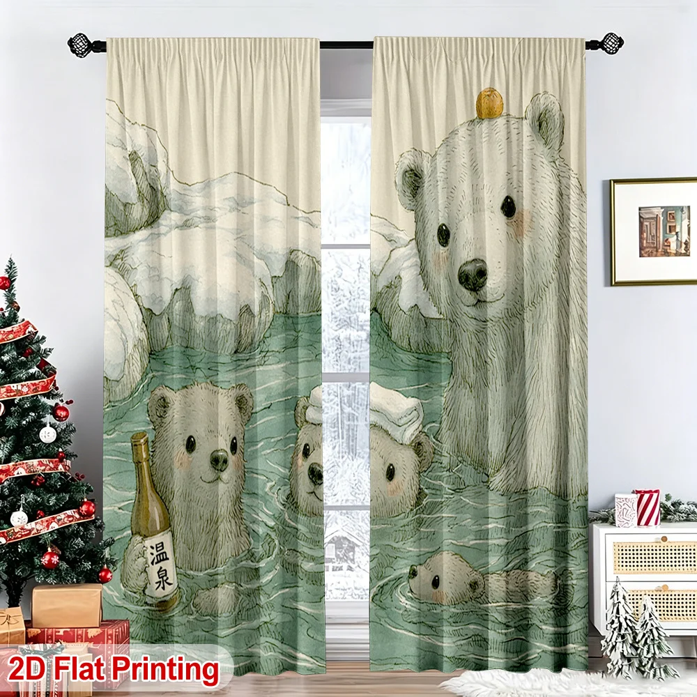2PCS Digital Print Curtains, Cute Cartoon Polar Bear Hot Spring Sake Pattern Ice, Funny Adorable Style for Kids Bathroom ／