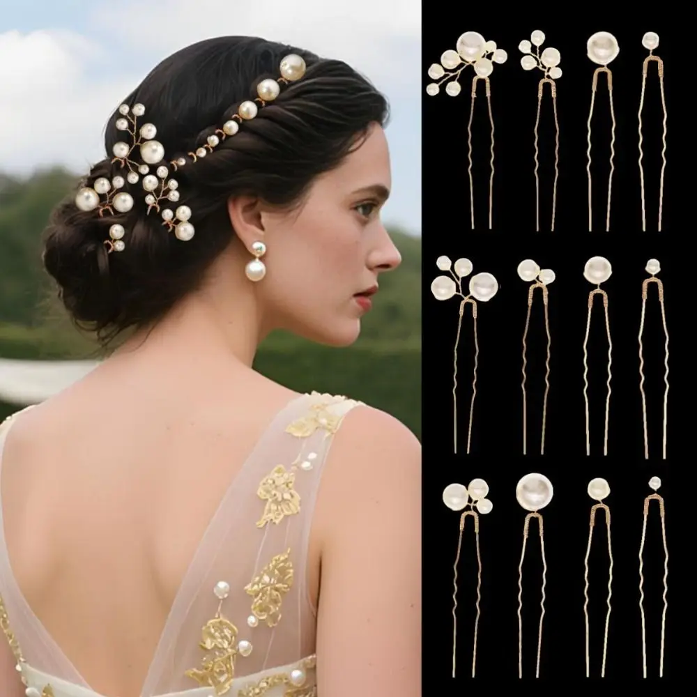 

Pearl Flower Wedding Pearl Hairpins Metal U Shape Ancient Costume Modeling Bridal Hair Accessories Rhinestone
