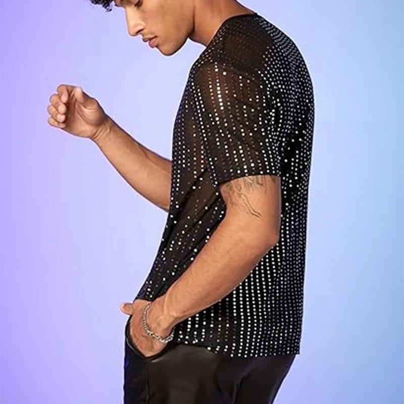 Sexy See Through Mens Mesh T-shirts Shinny Sequin Design Slim T Shirt Summer Men Streetwear Trendy Short Sleeve O-Neck Pullovers
