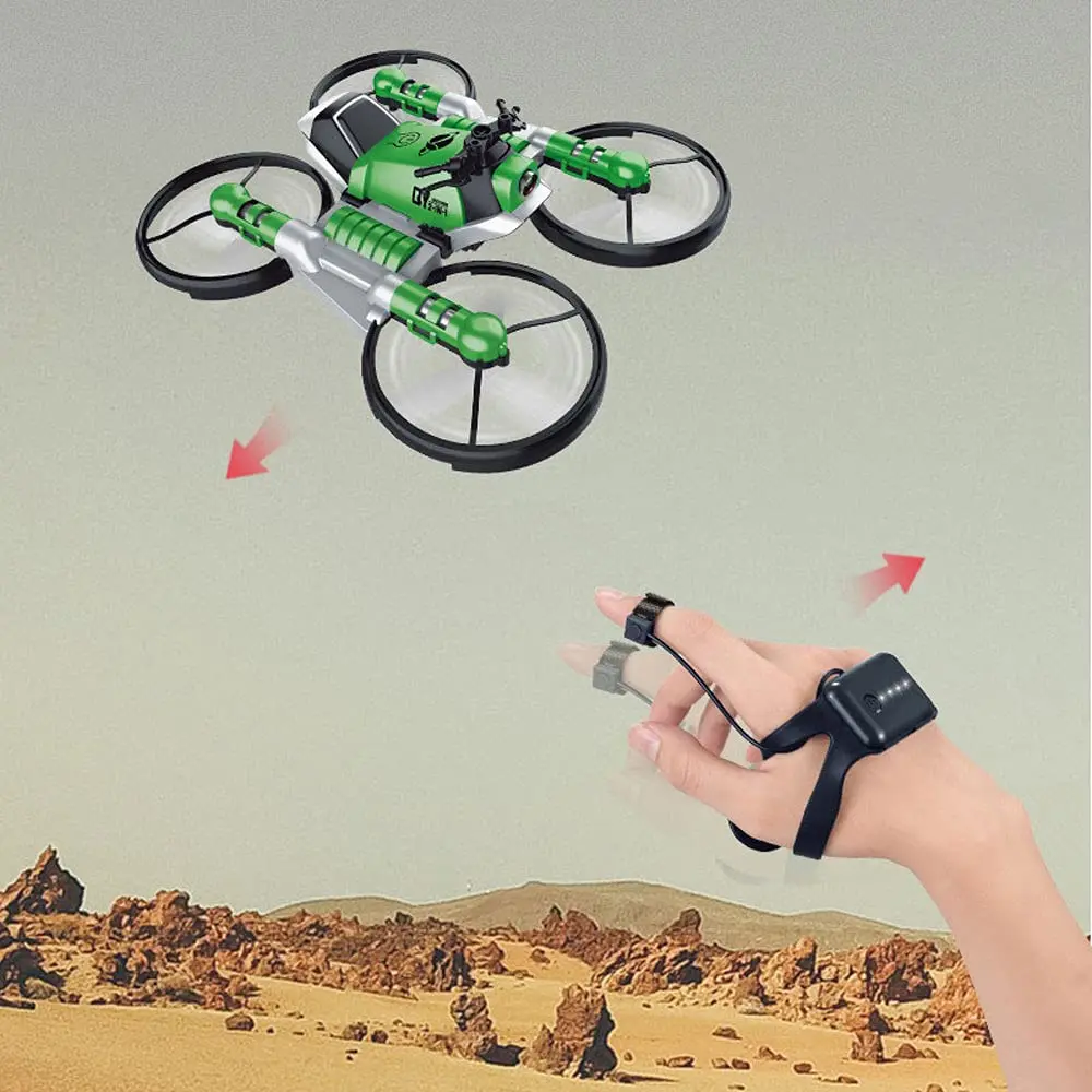 2.4G Radio RC Motorcycle Folding Quadcopter 2-in-1 Hand Gesture Sensing Auto Hovering Land and Air Rc Drone Flying Kids Toy Gift